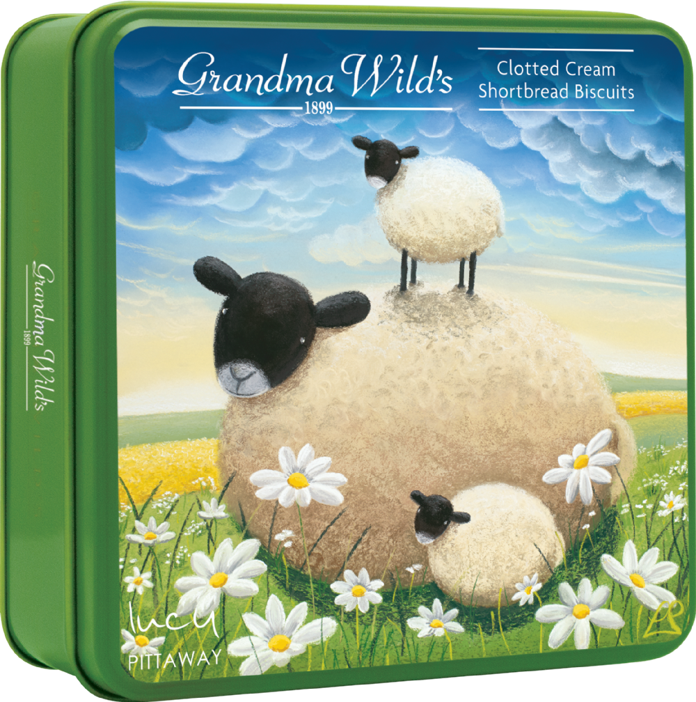 GRANDMA WILD'S Clotted Cream Shortbread Biscuits in Embossed Lucy Pittaway Sheep Tin 200g