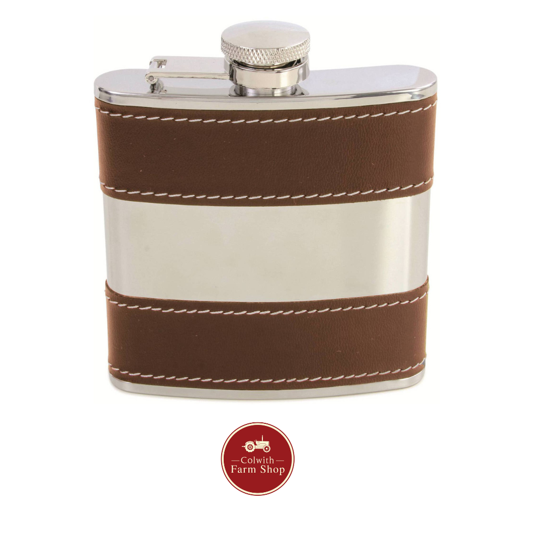 Hip Flask Brown 6oz Shiny Stainless Steel Centre