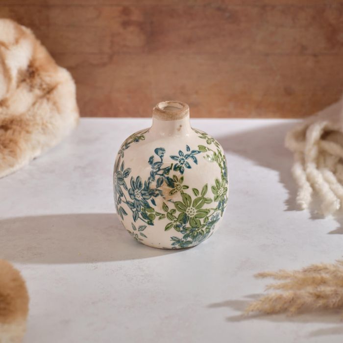 Bulbous stoneware vase with narrow neck, cream glaze, green and blue vintage floral pattern, and crackle finish