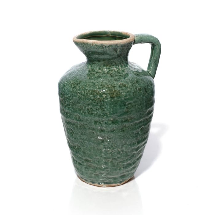 Tall antique green stoneware urn vase with reactive glaze finish, curved handle, and textured surface