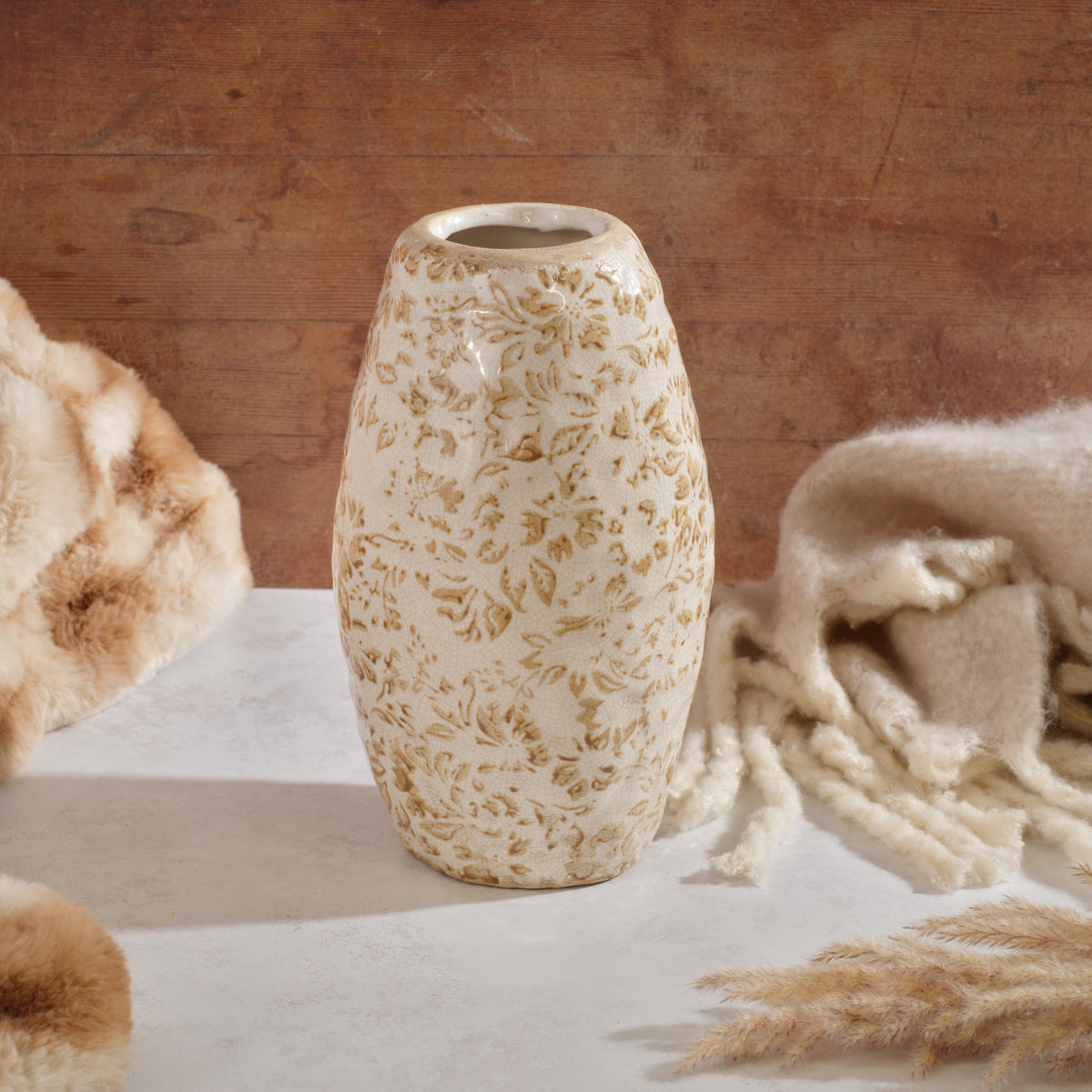 Crackle Glaze Antique Brown Floral Tall Vase